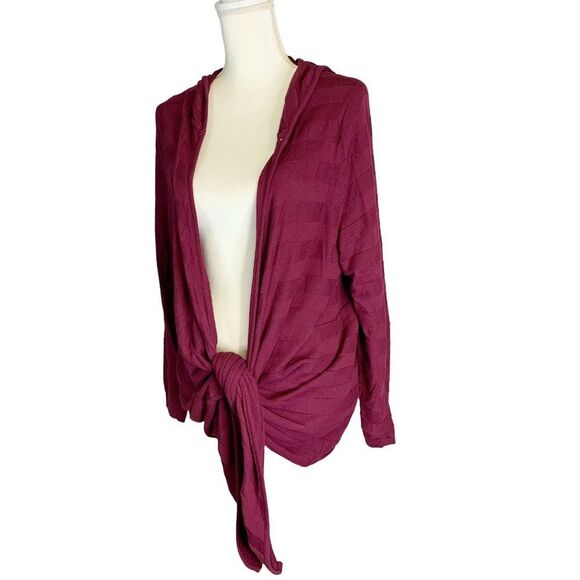 Long Sleeve Cranberry  Western Lagenlook Open Front Hooded Cardigan Plus Size 1X - Picture 3 of 5